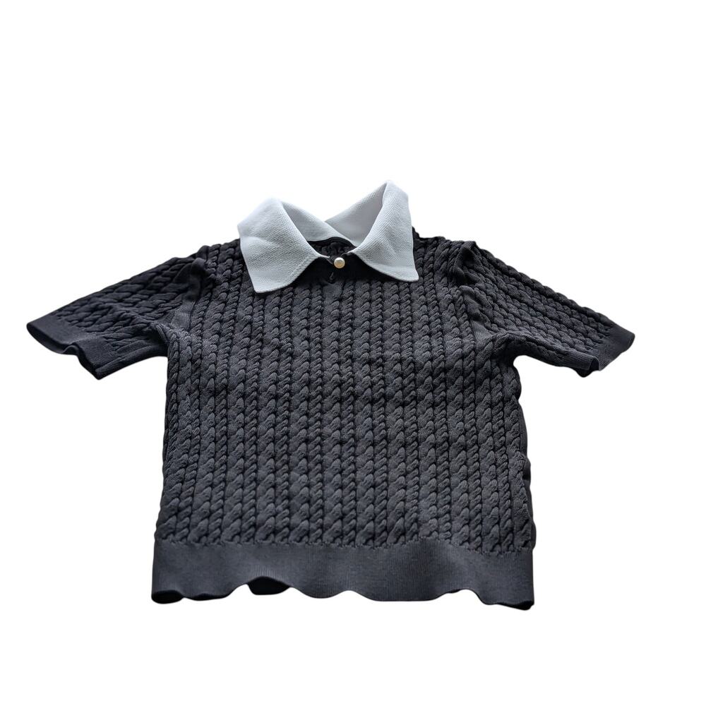 Yichen Paris Polo Sweater Top Women Size 42 Braided Knit Black - Picture 4 of 4